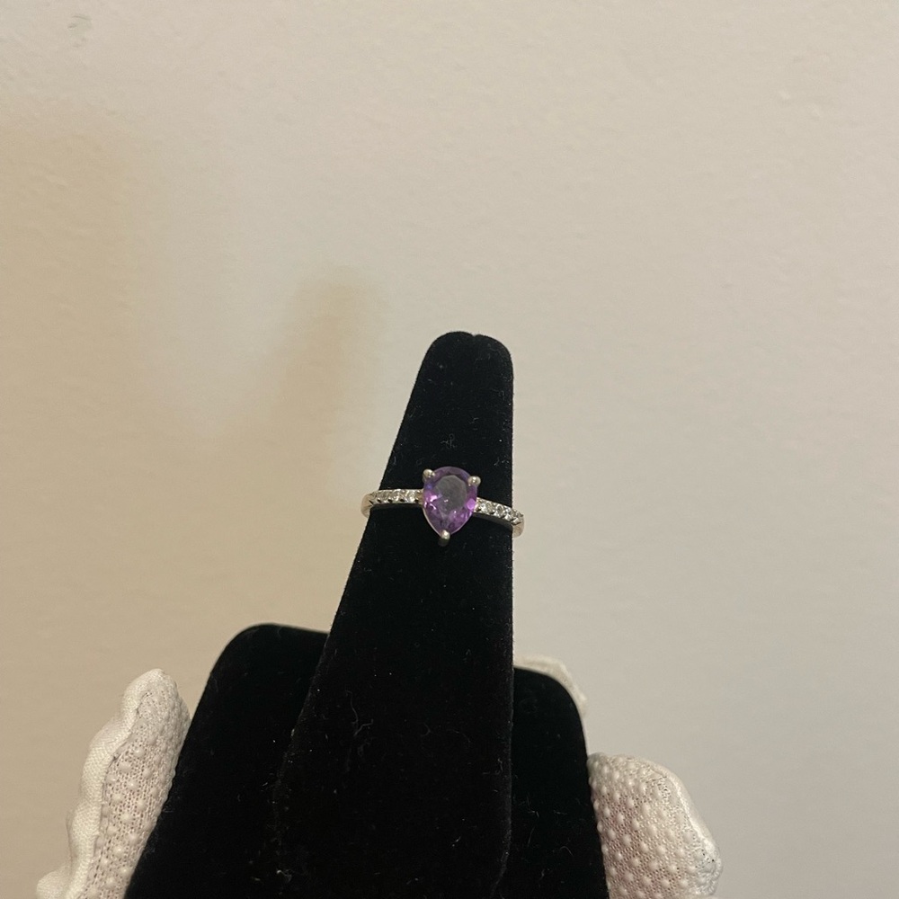 Pear Cut Amethyst Ring In Sterling Silver White Topez Size 7
